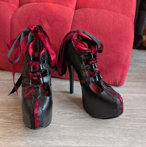 Red Ribbon Bordello Teeze Burlesque Lolita Shoes